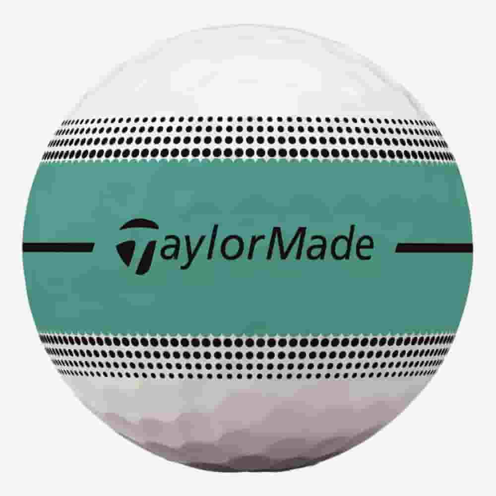 A white golf ball with two black dotted lines and a teal band around the center, featuring the TaylorMade logo in black text—a perfect match for players searching for the best golf bags 2026 has to offer.