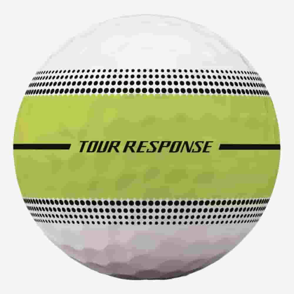 A white golf ball with a green stripe around the middle, black dotted lines above and below the stripe, and the words TOUR RESPONSE printed in black on the stripe—ideal for golfers seeking precision to pair with the best golf bags 2026.