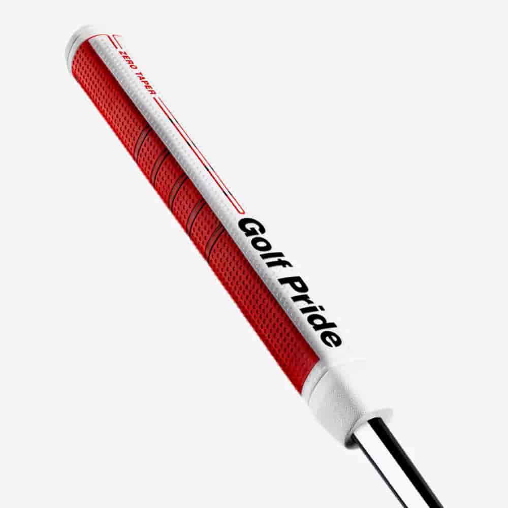 A red and white Golf Pride putter grip with a textured surface and bold black “Golf Pride” text, shown angled against a plain white background—an ideal accessory to pair with the best golf bags 2026.
