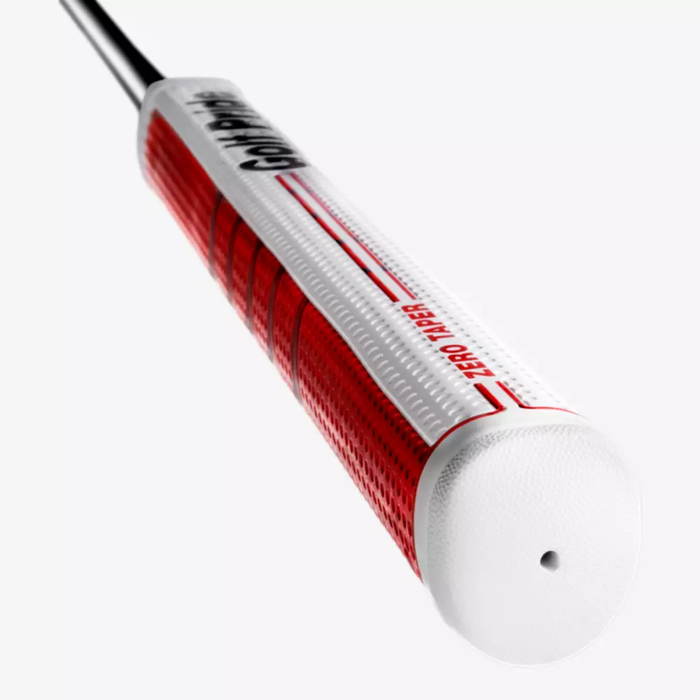 Close-up of a golf club grip with a red and white design, displaying the text Golf Pride and Zero Taper along the handle, set against a plain white background&mdash;perfect for pairing with the best golf bags 2026 has to offer.