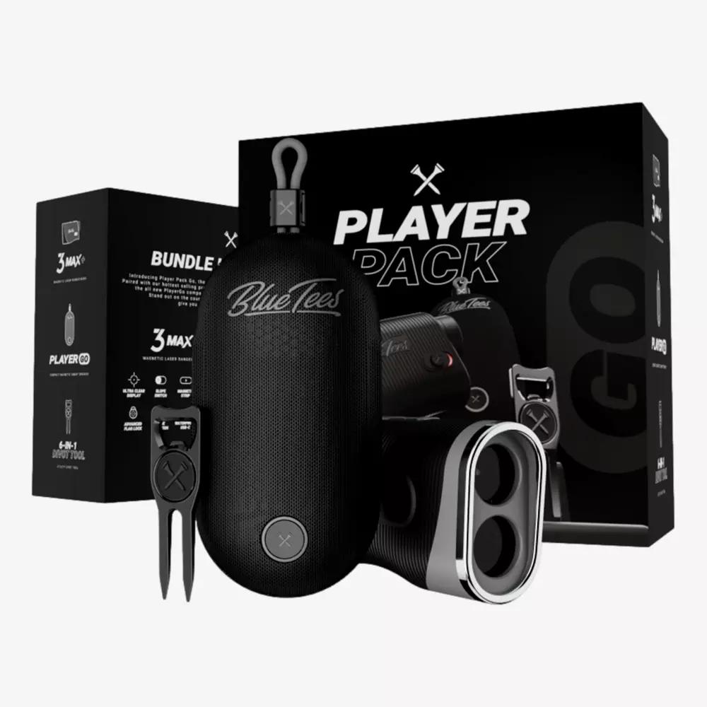 A golf accessory bundle featuring a rangefinder, divot tool, and carrying case in black, displayed with the Player Pack and Blue Tees packaging&mdash;one of the best golf deals for $100 or less.