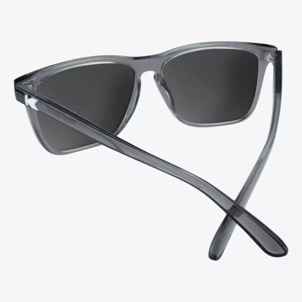 Gray translucent sunglasses with dark lenses shown from the back, featuring a slightly angular frame and crossed arms. Ideal for days on the course or searching for the best golf bags 2026, the left arm displays a white K logo near the hinge.