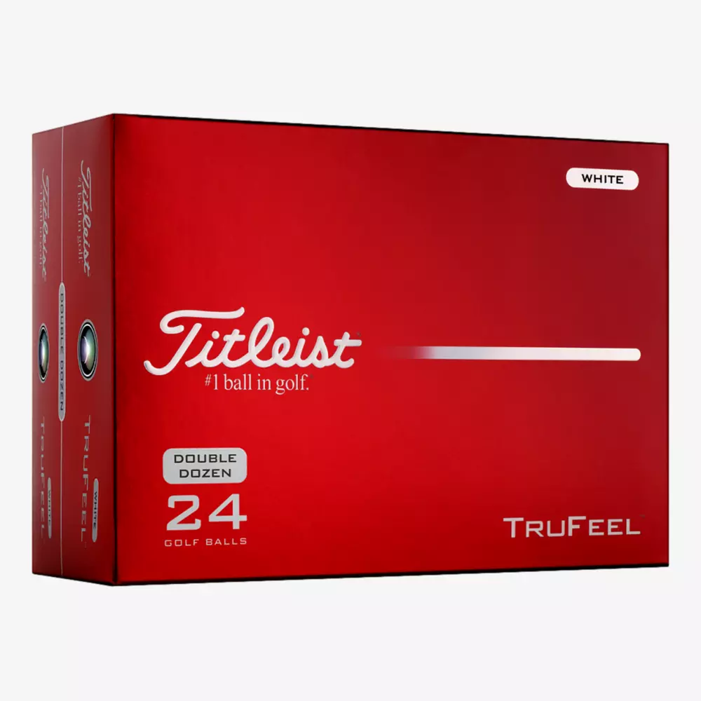 Red box of Titleist TruFeel golf balls labeled Double Dozen, 24 Golf Balls, White. The package includes the Titleist logo and the #1 golf slogan ball—one of the best deals under $50.