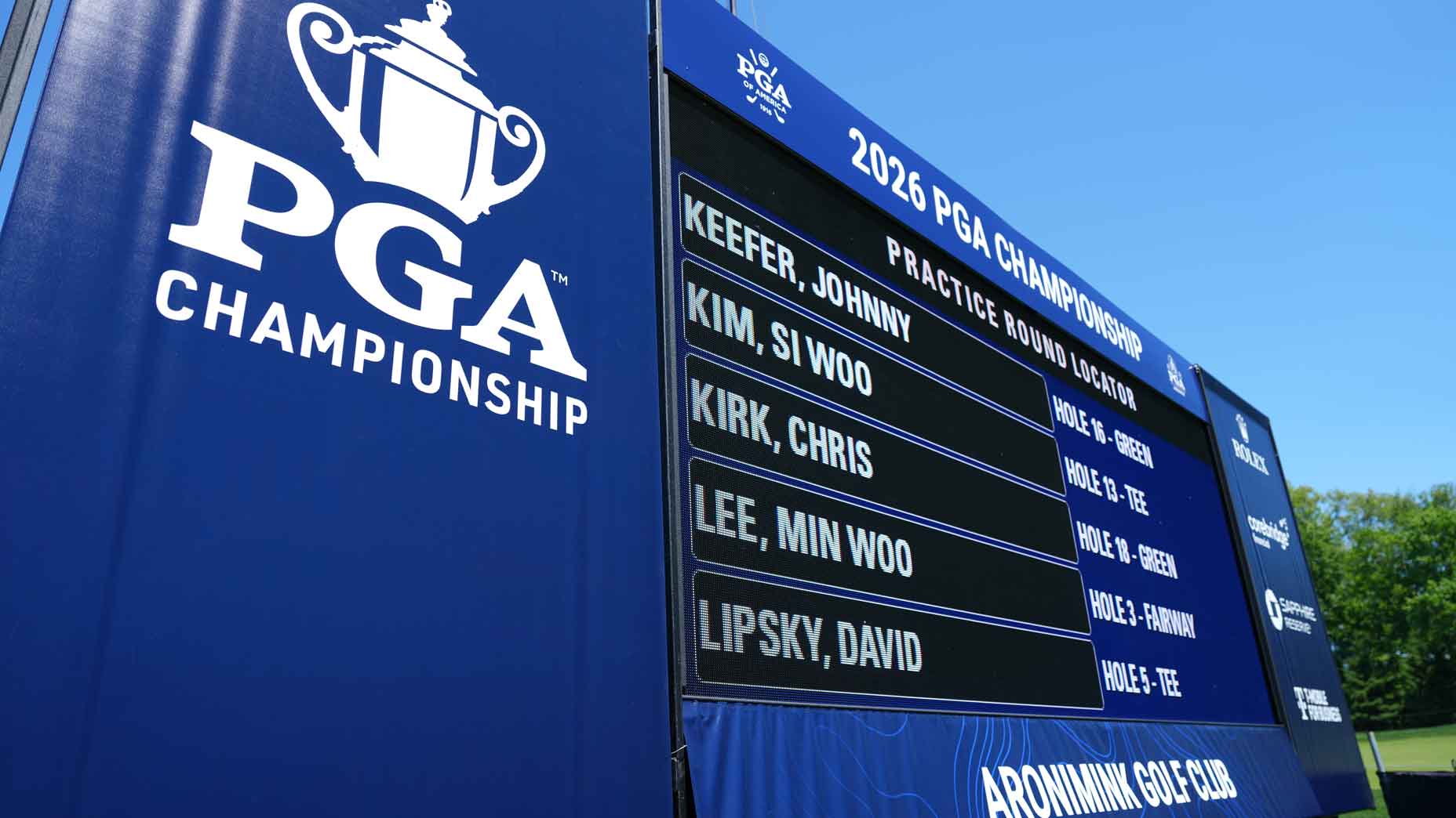 Large blue scoreboard at the 2026 PGA Championship: 2026 PGA Championship Saturday channel coverage.