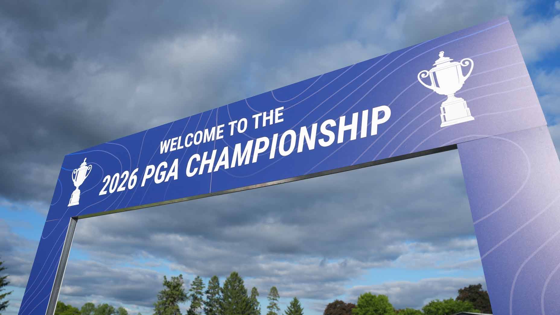 Entrance sign reading Welcome to the 2026 PGA Championship: Saturday TV coverage