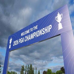 Entrance sign reading Welcome to the 2026 PGA Championship: Saturday TV coverage