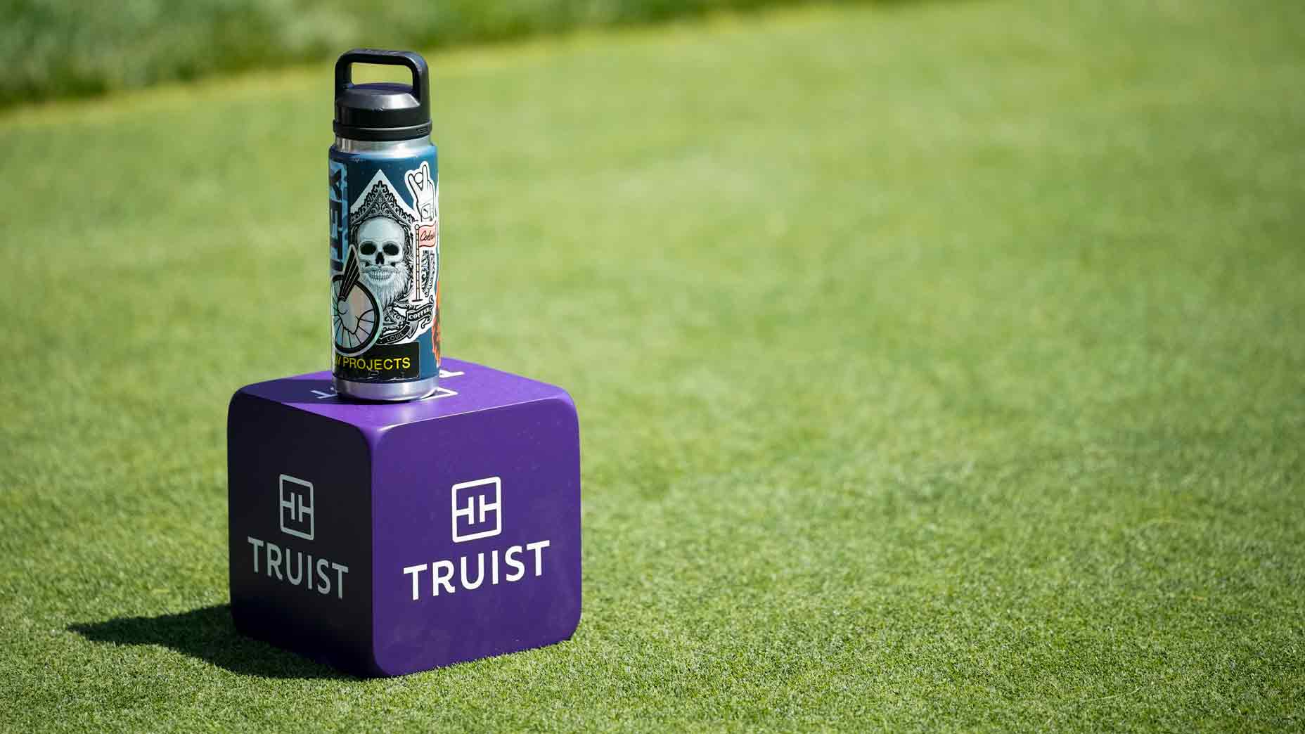 Water bottle on Truist tee marker at Quail Hollow: 2026 Truist Championship Thursday TV coverage.