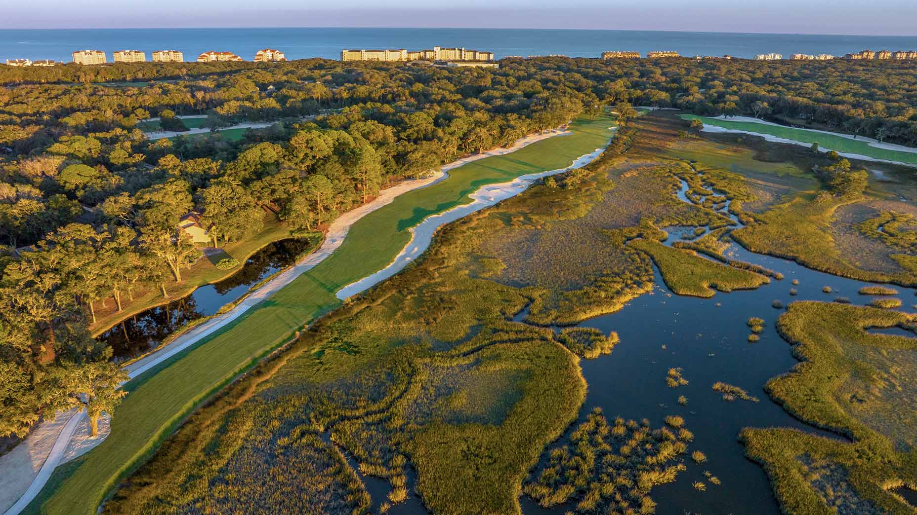 Aerial view of the Omni Amelia Island Resort golf course bordered by dense trees, winding paths, and marshland, with buildings, the ocean, and spa facilities visible in the distance under a clear sky—a perfect buddies' trip getaway.