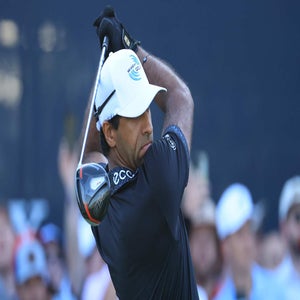 Aaron Rai of England tees off on the 18th hole during the final round of the PGA Championship at Aronimink Golf Club on May 17, 2026 in Newtown, Pennsylvania. (Photo by David Cannon/Getty Images)