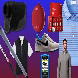 A collage of golf-related items&mdash;rangefinder, red portable speaker, Titleist golf balls, shoe, GPS device, vest, and grips&mdash;plus a man in a gray pullover on a purple background, showcasing the best golf deals for $100 or less.