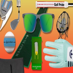A collage of golf accessories, including a golf club, ball, glove, sunglasses, putting mat, training aid, club grip, and ball retriever&mdash;all essentials to pair with the best golf bags 2026&mdash;arranged on an orange-to-yellow gradient background.
