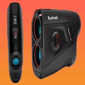Two views of a black Bushnell rangefinder, ideal for any golfer, showcase its lens, buttons, and branding against an orange gradient background.