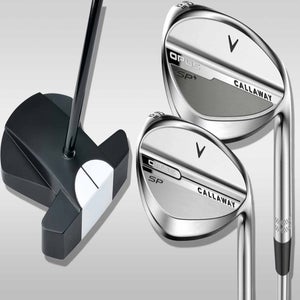 Close-up of two silver Callaway golf wedges and a black-and-white Callaway putter against a light gray background, highlighting their faces and branding&mdash;perfect for those seeking big savings during the latest Callaway promotion.