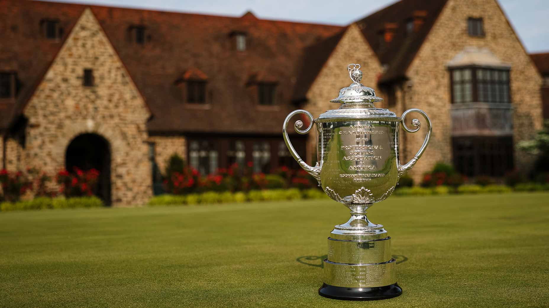 Wanamaker Trophy in front of Aronimink Golf Club