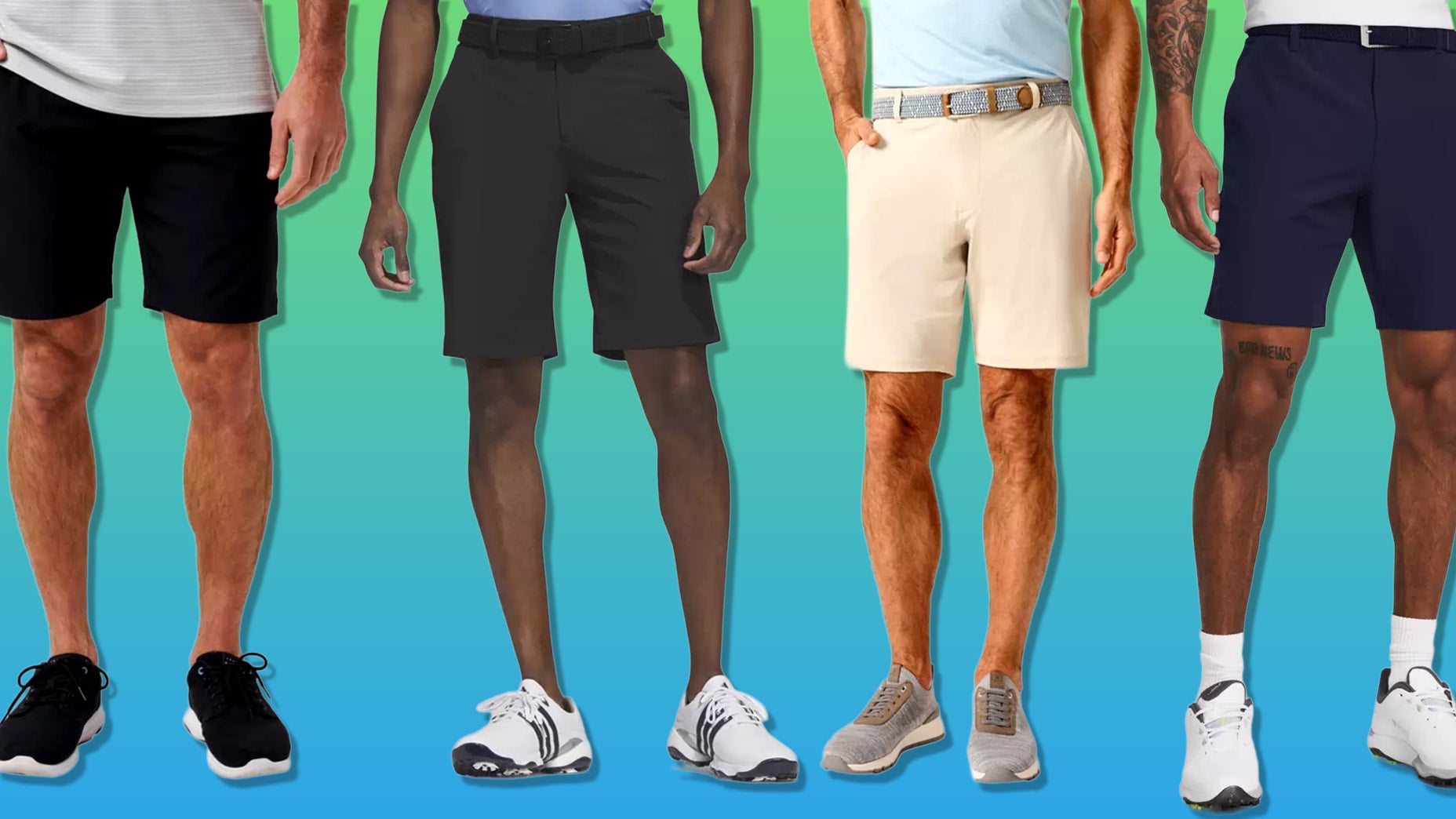 Four men stand side by side in best golf shorts of different styles and colors, paired with T-shirts and sneakers, set against a blue and green gradient background. Their upper bodies are mostly out of frame.