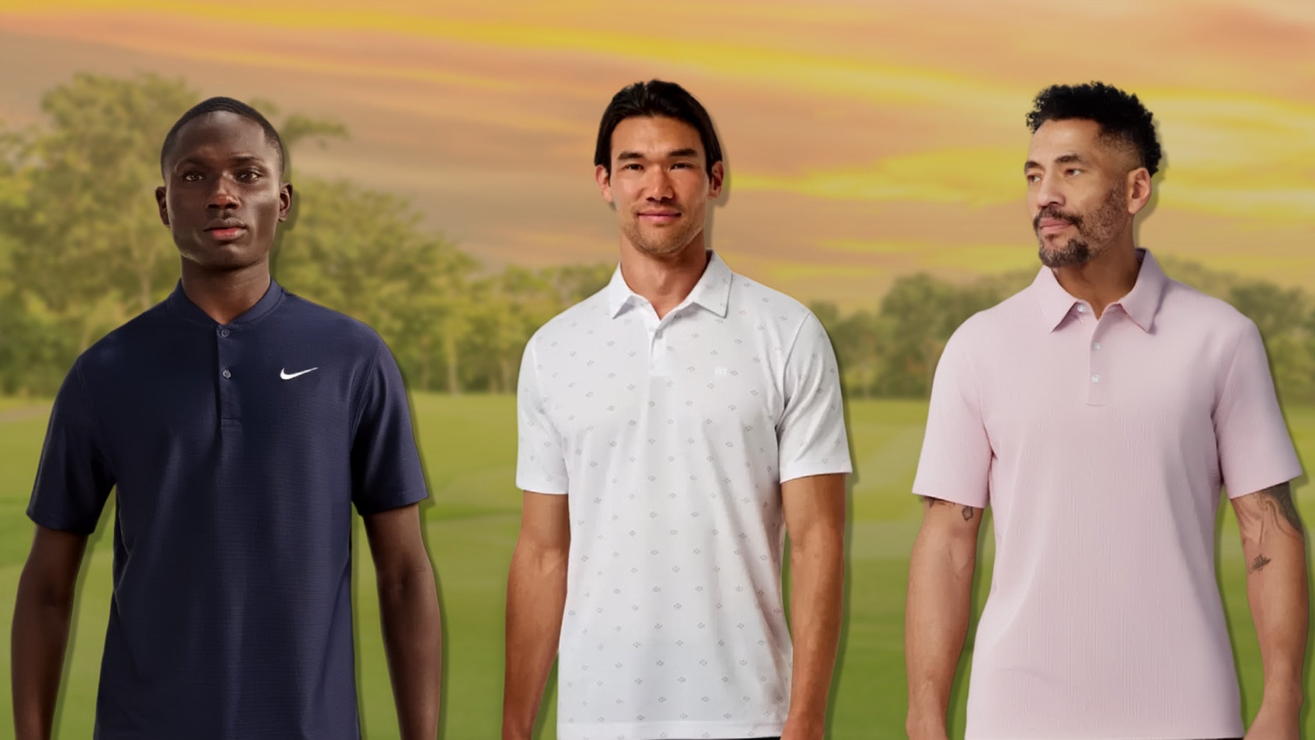 Three men stand side by side outdoors at sunset, each wearing a different color polo shirt—navy blue, white, and light pink—paired with the best golf pants, set against a grassy field and trees in the background.