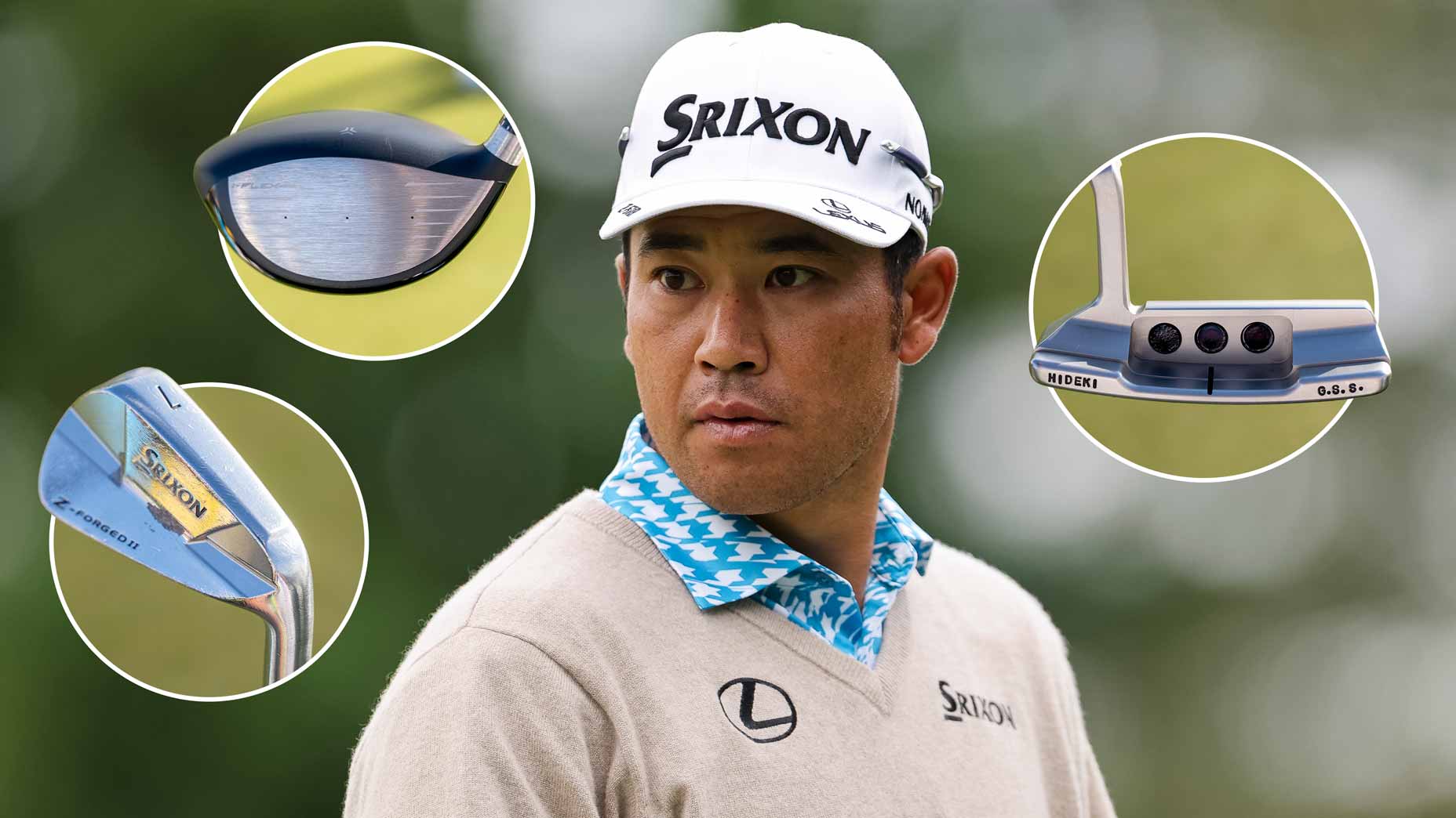 Close-up photo of PGA Tour pro Hideki Matsuyama with images of his golf clubs.
