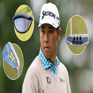 Close-up photo of PGA Tour pro Hideki Matsuyama with images of his golf clubs.