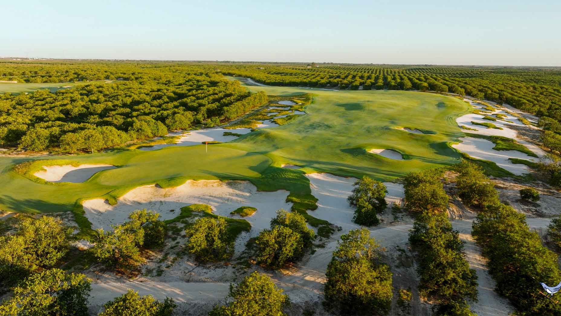 Aerial view of a lush Florida golf course with green fairways and putting greens surrounded by sand bunkers and dense trees under a clear sky.