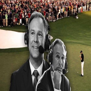 Two sportscasters, including Trevor Immelman, wearing headsets are pictured in the foreground, with a golf course, a golfer, and a large crowd of spectators in the background. The image combines both color and black-and-white elements.
