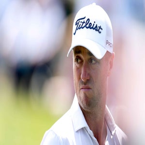 Justin Thomas of the United States looks on from the 16th hole during the final round of the PGA Championship at Aronimink Golf Club