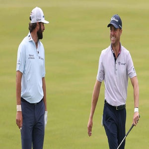 Cameron Young and Justin Thomas walk together during the PGA Championship Wednesday.