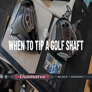 Two golf club heads rest on a towel next to a digital scale displaying weights, with a Diamana golf shaft in the foreground. Text reads: Tipping a golf shaft&mdash;when is it the right choice?.