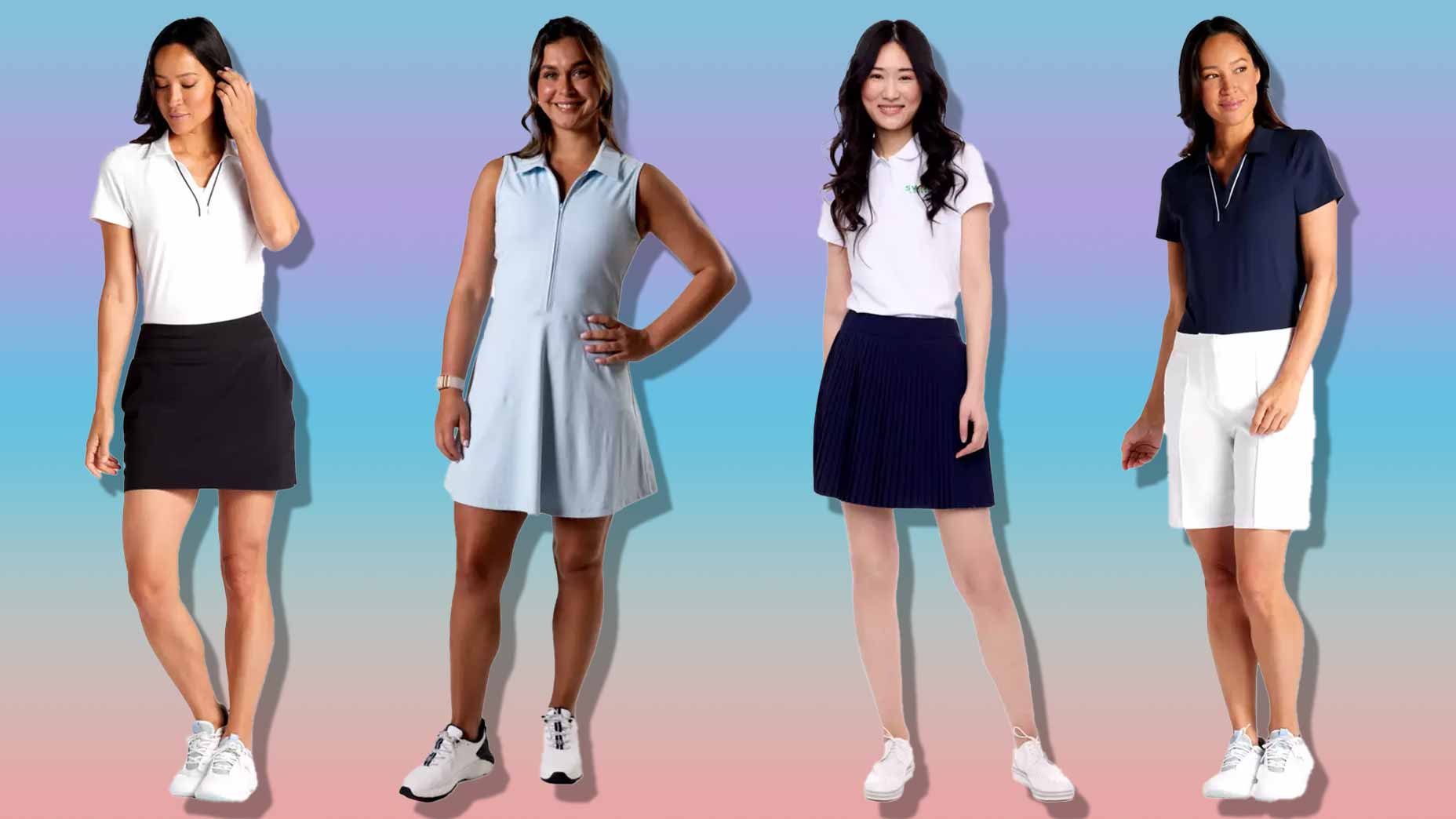 Four women stand side by side in stylish golf outfits against a pastel gradient background—perfect inspiration for a fashionable Mother's Day on the course. Their looks feature skirts, shorts, polos, a sleeveless dress, and sneakers.