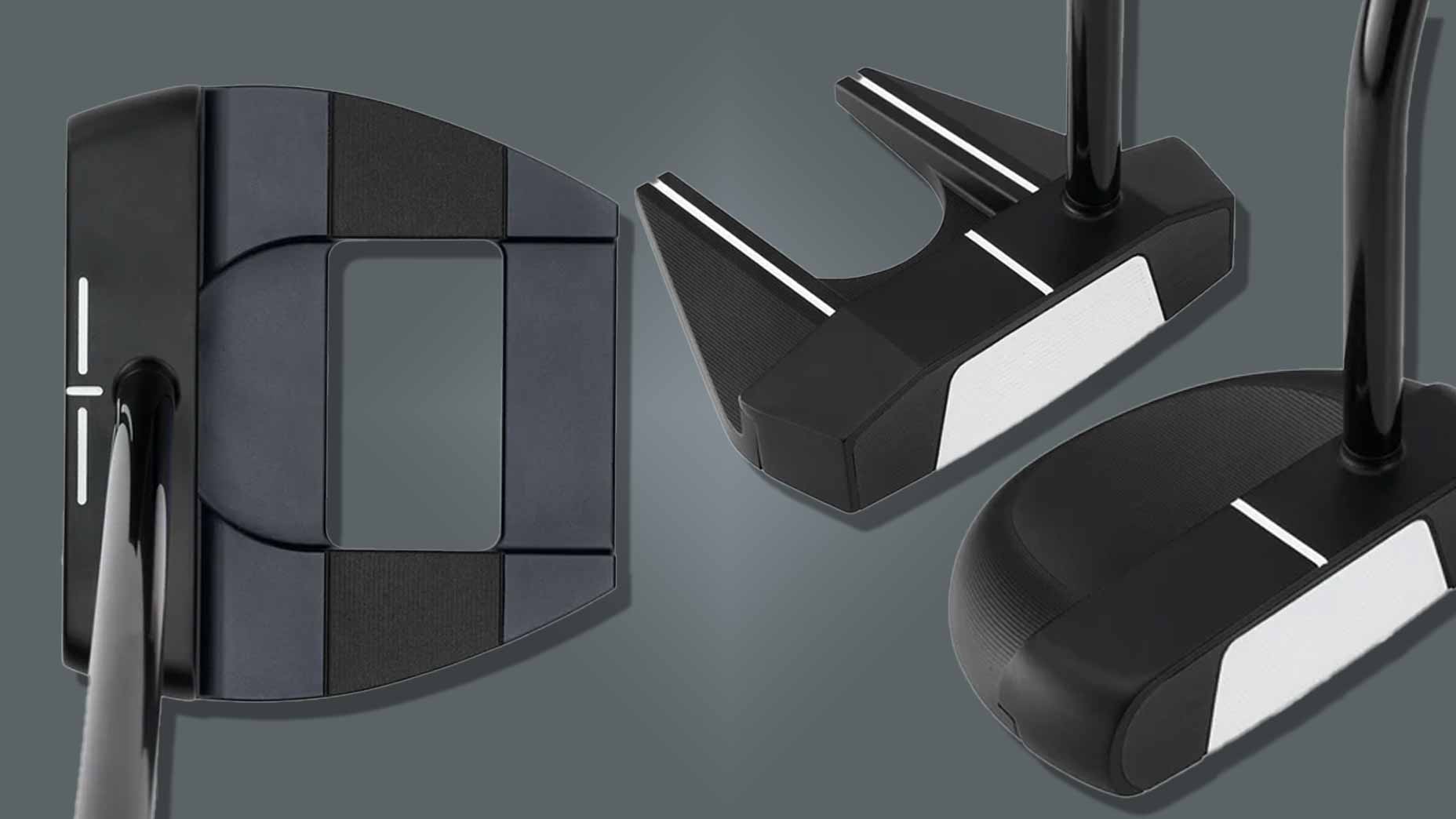 Three modern Odyssey golf putters with black and white designs are displayed on a gray background, shown from different angles to highlight their shapes and alignment features.