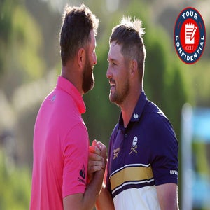 on Rahm of Legion XIII and Bryson DeChambeau of the Crushers GC after they finished their round on the 18th during day three of LIV Adelaide at The Grange Golf Club on February 14, 2026 in Adelaide, Australia. (Photo by Sarah Reed/Getty Images)
