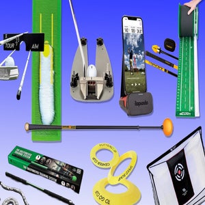 A collage of 10 Great Training Aids for golf, including a putting mat, alignment sticks, club, putting gates, swing trainer, chipping net, phone on a launch monitor, tee, ball marker and towel&mdash;all on a blue gradient background.