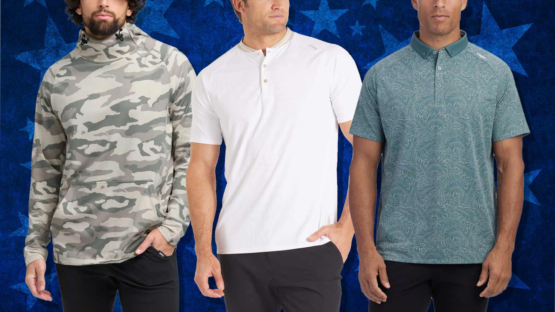 Three men stand side by side against a blue star-patterned background in UNRL apparel—a camouflage hoodie, a white short-sleeve henley, and a green patterned polo—celebrating Memorial Day weekend sale with 20 percent off.