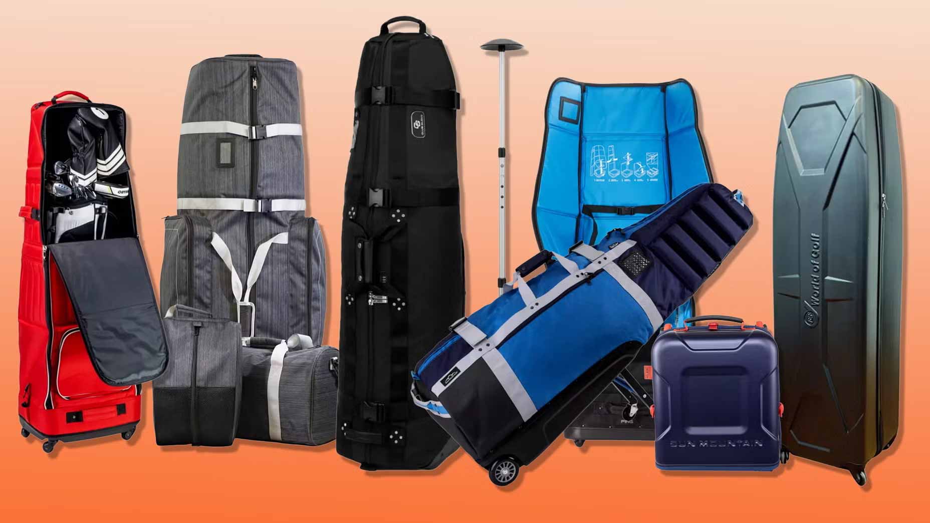 A row of six best golf travel bags in various colors and styles stands upright against a gradient orange background. These bags are designed for transporting golf clubs and equipment securely and stylishly.