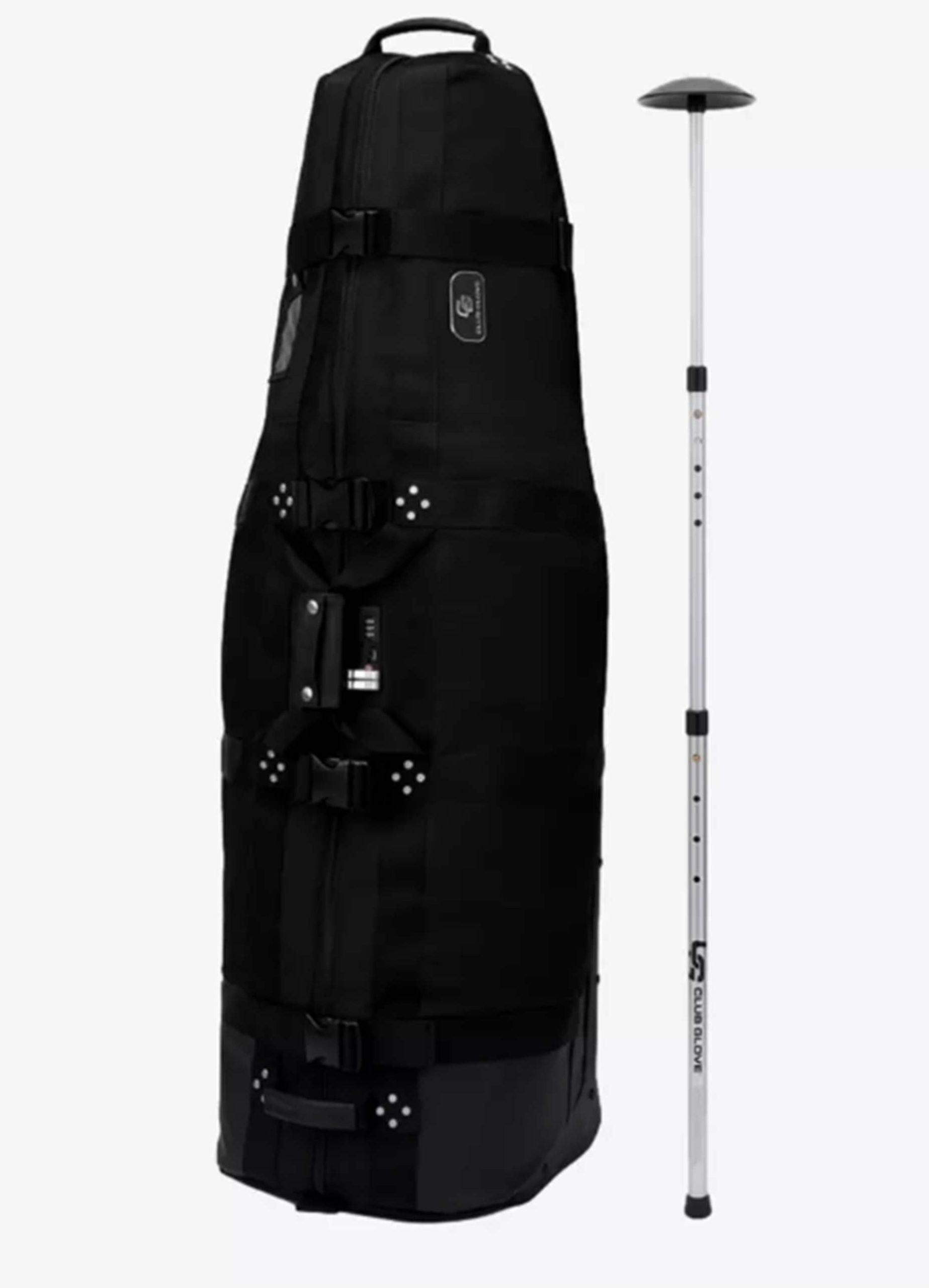 A large black travel bag filled with handles and snaps sits upright next to a white and black collapsible golf bag holder, providing optimal golf club protection for traveling with golf clubs.
