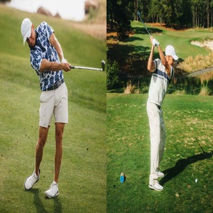 Two men swing golf clubs on a lush course, perhaps one of the Top 100 Courses. The man on the left wears a patterned shirt and white cap; the man on the right, a light outfit and white cap. Green grass and trees frame the scene.