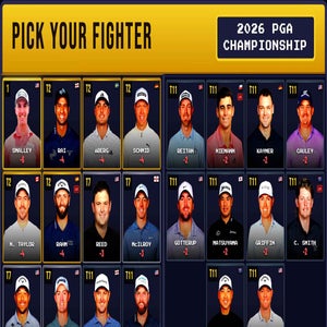 A grid of 18 professional golfers, each smiling in hats, appears under the title Pick Your Fighter and 2026 PGA Championship, styled like a video game. Their scores and names are displayed on yellow and blue backgrounds.