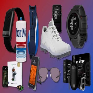 A collection of golf gadgets and accessories&mdash;fitness tracker, water bottle, golf shoe, smartwatches, GPS devices, sunglasses, earbuds, and boxed gear&mdash;showcased on a blue-to-red gradient background. Discover the best golf deals for around $250.
