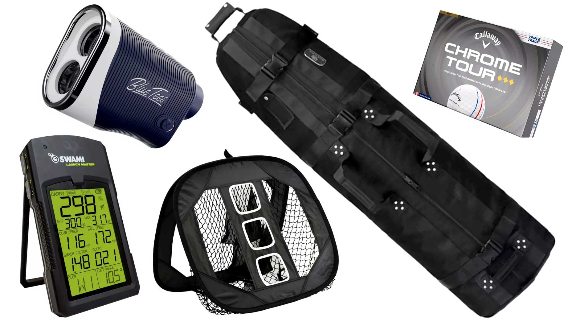 A collection of golf gifts perfect for Father’s Day, including a rangefinder, launch monitor, black golf travel bag, practice chipping net, and a box of Callaway Chrome Tour balls—all featured in our “I Tried It” lineup on a white background.