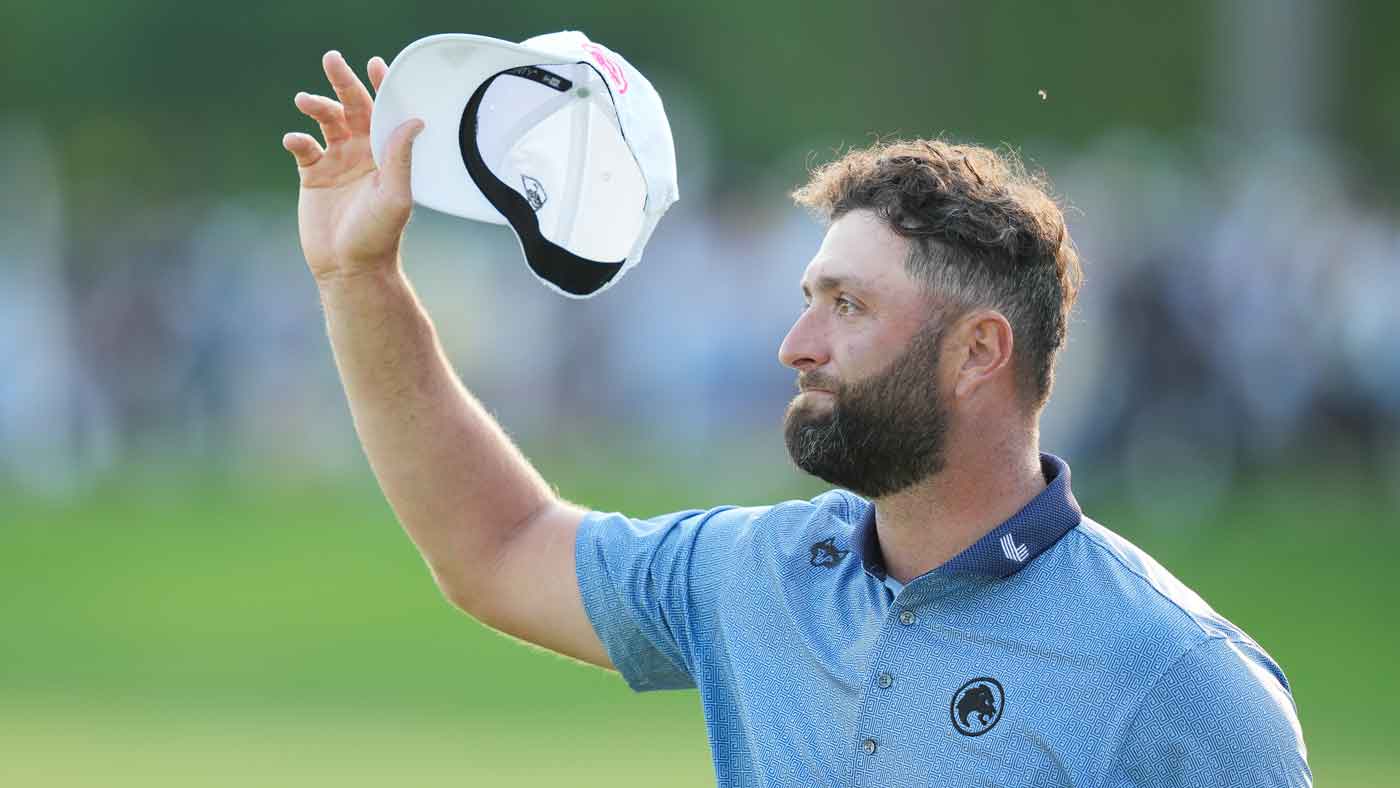 Jon Rahm of Spain acknowledges fans on the 18th green during the final round of PGA Championship at Aronimink Golf Club