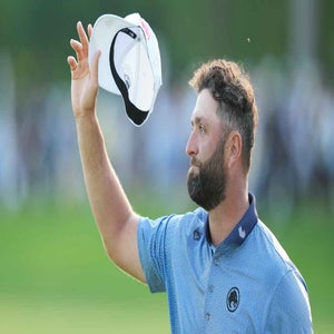 Jon Rahm of Spain acknowledges fans on the 18th green during the final round of PGA Championship at Aronimink Golf Club