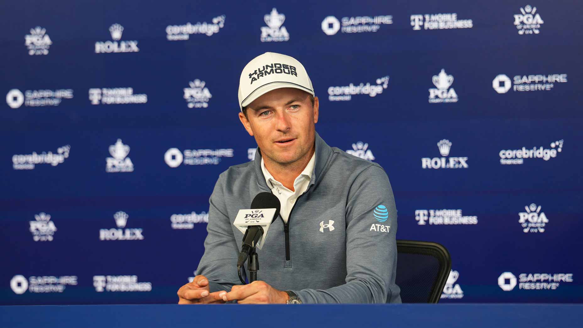 Jordan Spieth smiles during his 2026 PGA Championship press conference at Aronimink.