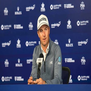 Jordan Spieth smiles during his 2026 PGA Championship press conference at Aronimink.
