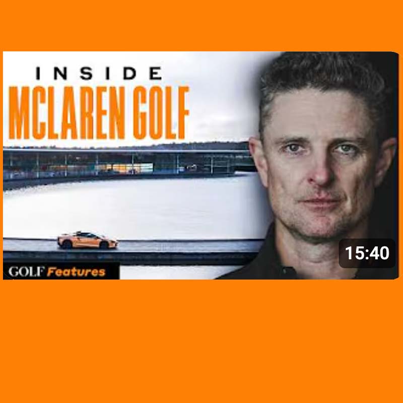 A man stands in front of a McLaren car on a racetrack, with the text Inside McLaren Golf above him. The video, featuring golf equipment and Golf Features at the bottom, runs for 15:40.