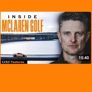 A man stands in front of a McLaren car on a racetrack, with the text Inside McLaren Golf above him. The video, featuring golf equipment and Golf Features at the bottom, runs for 15:40.