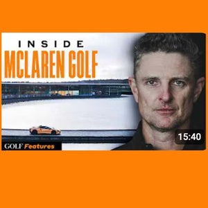 YouTube thumbnail with the text Inside McLaren Golf and Golf Features. A man’s face is on the right, a McLaren sports car is on a racetrack, and the video duration reads 15:40. The background is orange, highlighting golf equipment and Golf news.