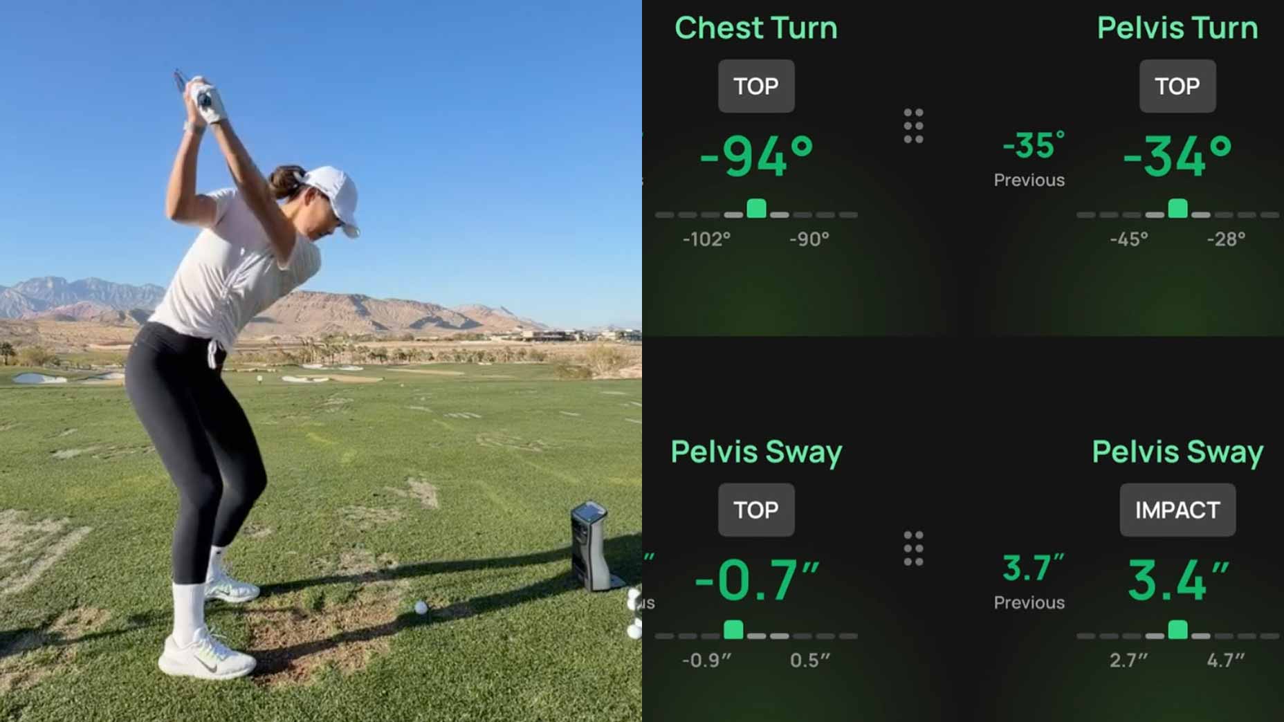 Michelle Wie West hits golf balls on a driving range. On the right, golf swing metrics inspired by Michelle Wie West are displayed: chest turn -94°, pelvis turn -35°, and more.