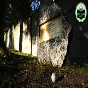 A golf ball rests on grass near a stone memorial plaque embedded in a large rock, sunlight casting shadows from nearby trees&mdash;could relief be granted here? A Rules Guy golf logo appears in the top-right corner.