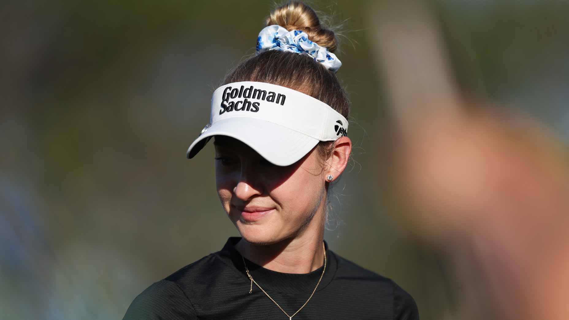 Nelly Korda smiles before teeing off during the 2026 Mexico Riviera Maya Open at Mayakoba.