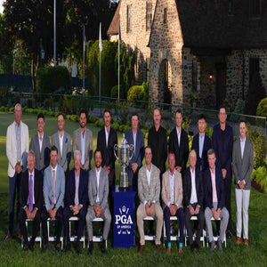 Past PGA Championship winners pose before the 2026 PGA Champions Dinner
