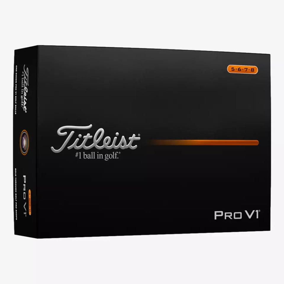 A black case of Titleist Pro V1 golf balls with silver and white text that reads Titleist #1 Golf Ball and Pro V1. An orange label in the upper right corner highlights the numbers 5, 6, 7 and 8. Perfect for those looking for high performance golf balls.